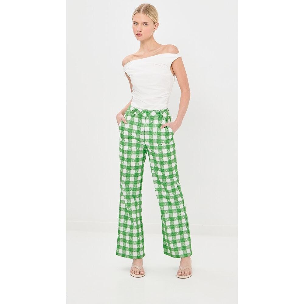 NWT Rosie Assoulin Green Picnic Embroidered Gingham Easy Does It Pant Womens 0